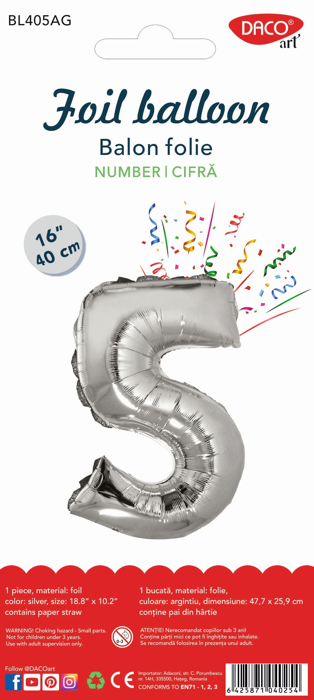 BALON FOLIE CIFRA 5 ARGINTIU 40 CM DACO BL405AG