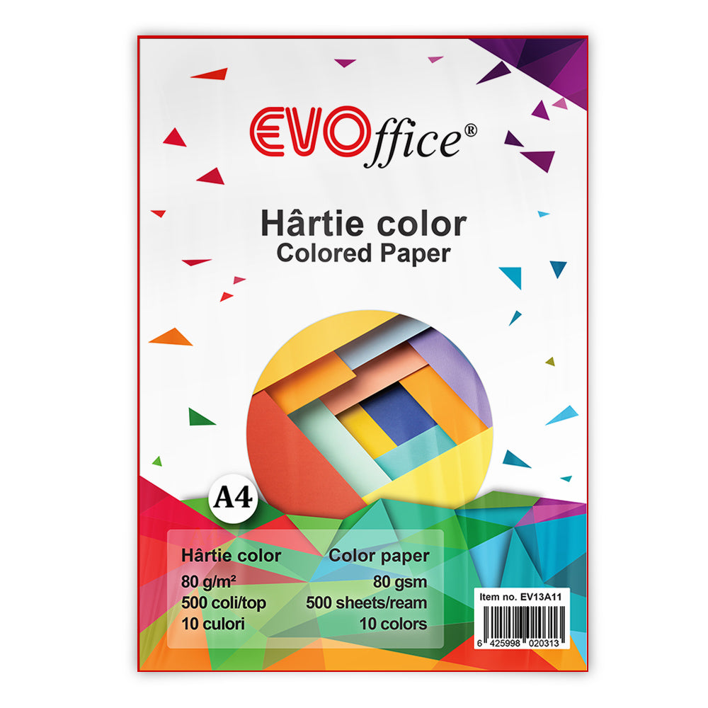 Hartie 10 culori pastel, neon A4, 80 g/mp, 500 coli/top Evoffice