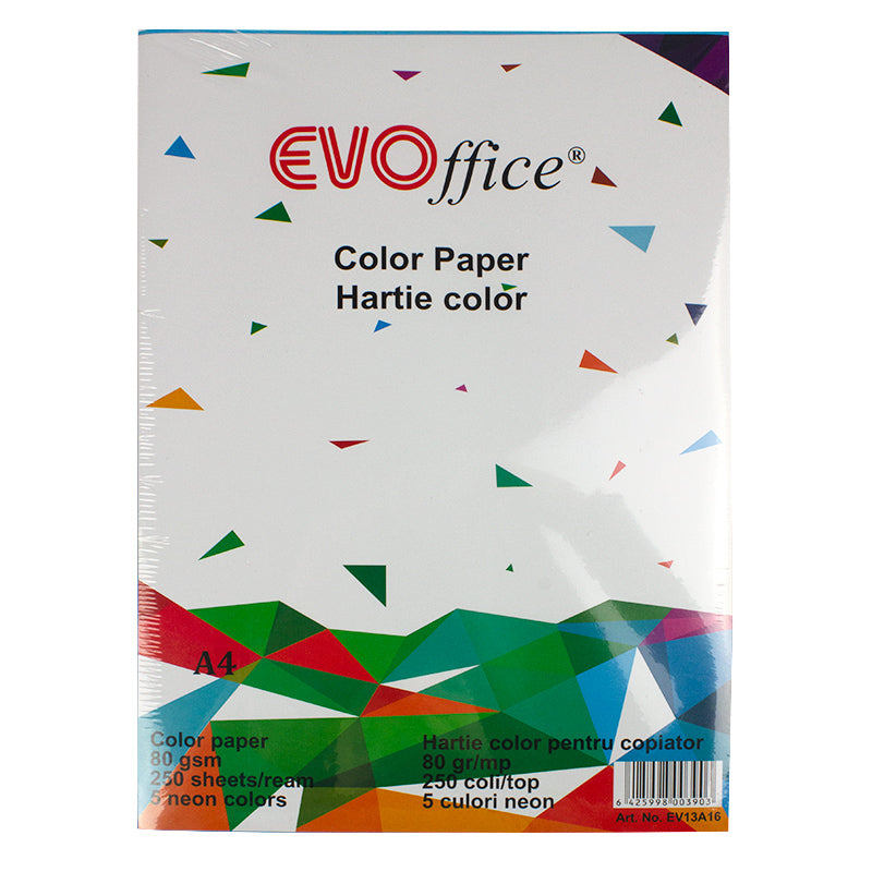 Hartie 5 culori neon A4, 80 g/mp, 250 coli/top Evoffice