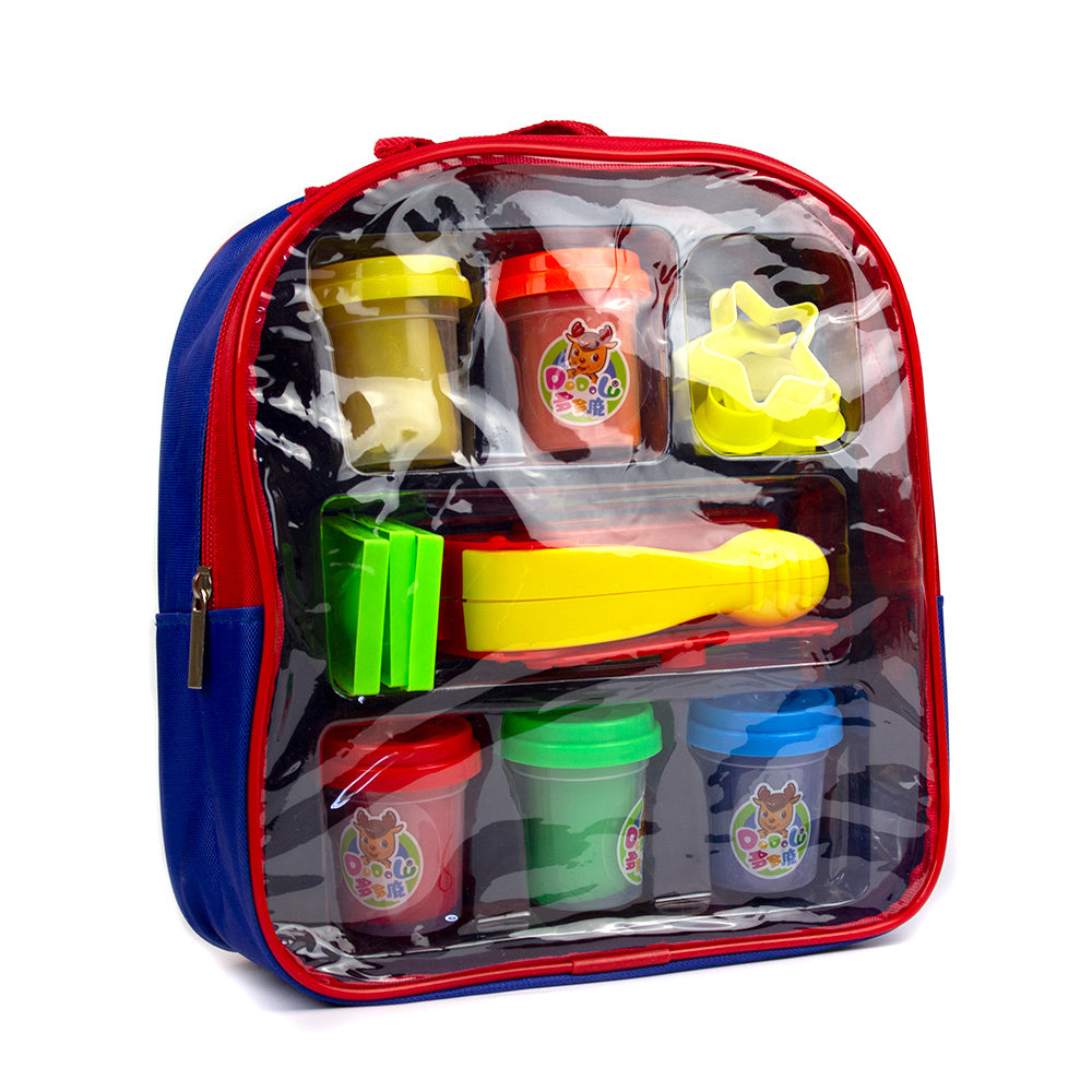Plastilina "play dough" in ghiozdan plastic, 5 culori in borcan plastic, capac cu sablon, accesorii modelat No.9206