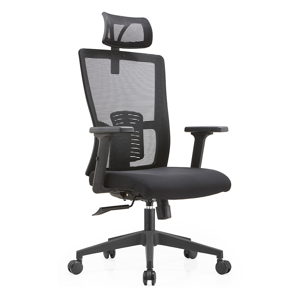 Scaun de birou office cu spatar mesh, tetiera reglabila pe inaltime, maner si baza din plastic EVOffice - negru