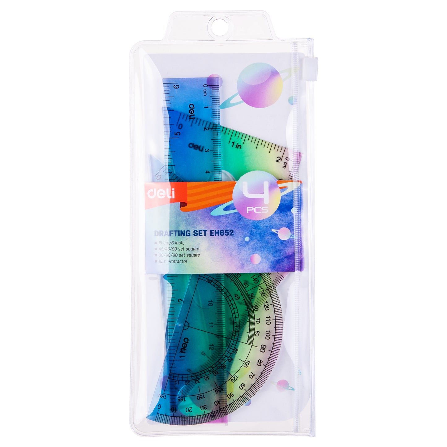 SET GEOMETRIE 4 PIESE MULTICOLOR (RIG.15CM, ECH*2, RAP) DELI