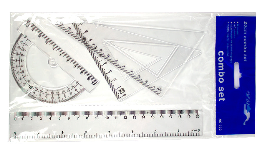 Set geometrie 4 piese rigla 20cm, echer 9 cm, echer 13 cm, raportor EVOffice