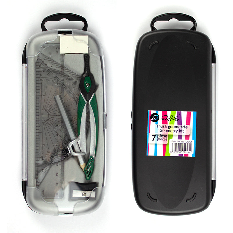 Trusa geometrie 7 piese, cutie plastic Willgo