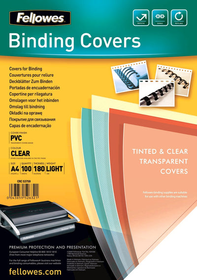 COPERTI PLASTIC A4 180 MICRONI TRANSPARENTE 100/TOP FELLOWES