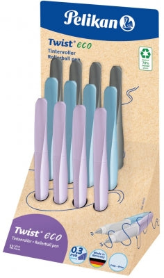 Roller Twist Eco, grip ergonomic, ambidextru, 2 rezerve albastre incluse, 3 culori mov deschis-albastru deschis-gri deschis, display 12 buc, Pelikan