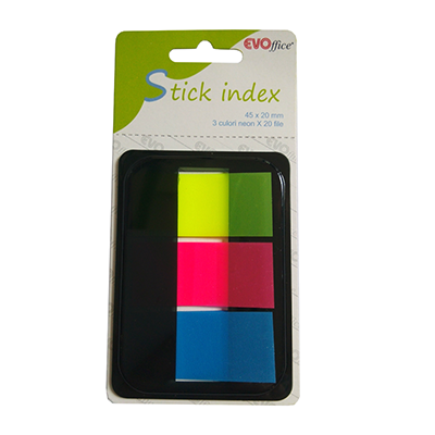 Stick index plastic cu dispencer 45*20mm, 3 culori neon 20 file EVOffice