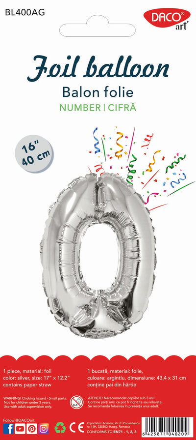 BALON FOLIE CIFRA 0 ARGINTIU 40 CM DACO BL400AG