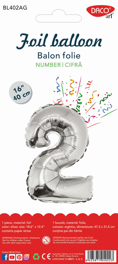BALON FOLIE CIFRA 2 ARGINTIU 40 CM DACO BL402AG