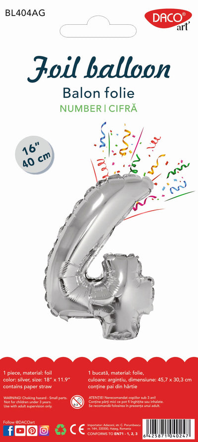 BALON FOLIE CIFRA 4 ARGINTIU 40 CM DACO BL404AG