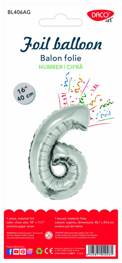 BALON FOLIE CIFRA 6 ARGINTIU 40 CM DACO BL406AG