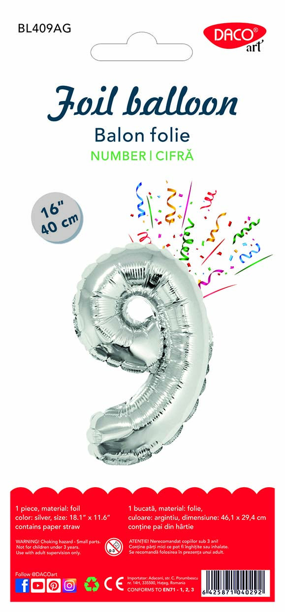BALON FOLIE CIFRA 9 ARGINTIU 40 CM DACO BL409AG