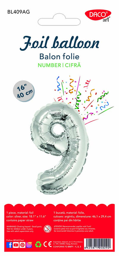 BALON FOLIE CIFRA 9 ARGINTIU 40 CM DACO BL409AG