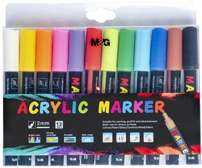 Marker cu vopsea acrilica, varf rotund, 2mm, 12 culori/set, M&G