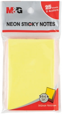 Notite adezive, 76 x 102mm, 4 culori neon, 25 file/culoare, 100 file/set M&G
