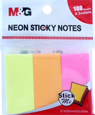 Notite adezive, 51 x 25mm, 3 culori neon, 100 file/culoare, 300 file/set M&G