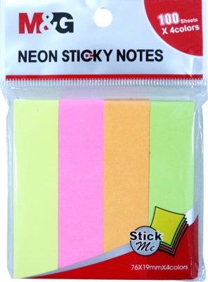 Notite adezive, 76 x 19mm, 4 culori neon, 100 file/culoare, 400 file/set M&G