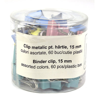 Clip hartie 15mm 60 buc, culori asortate/cutie plastic EVOffice