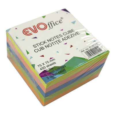 Notes autoadeziv cub color 76*76 mm, 450 file, 5 culori neon EVOffice