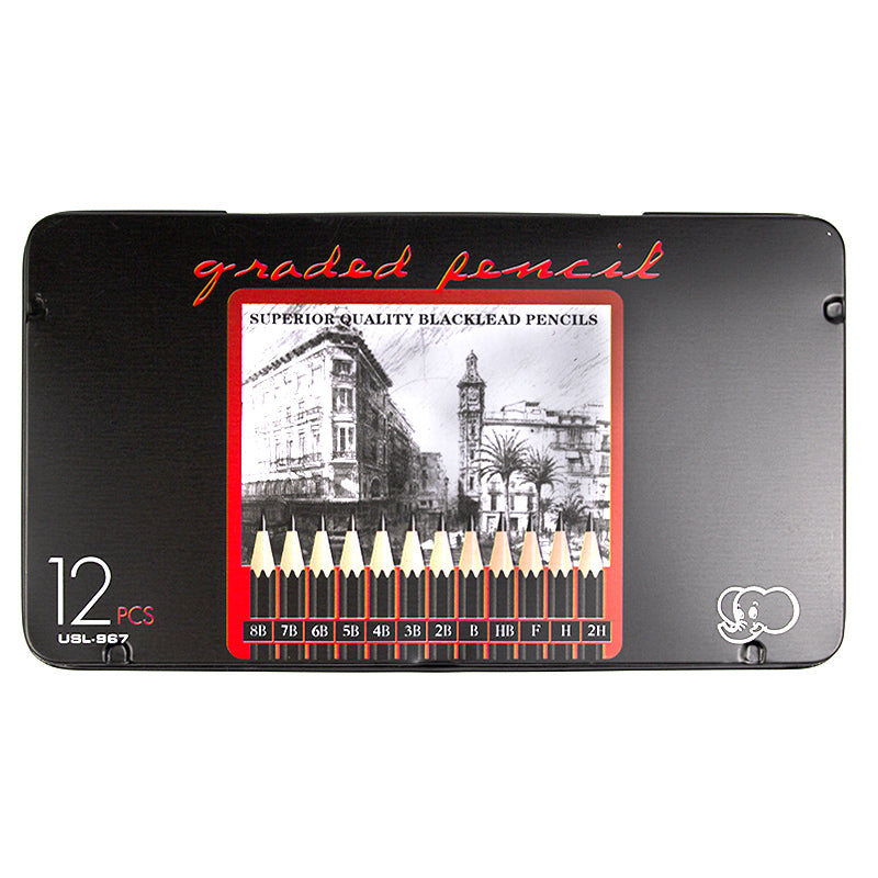 Set 12*creioane grafit 2H-8B fara radiera, ascutite cutie metal EVOffice