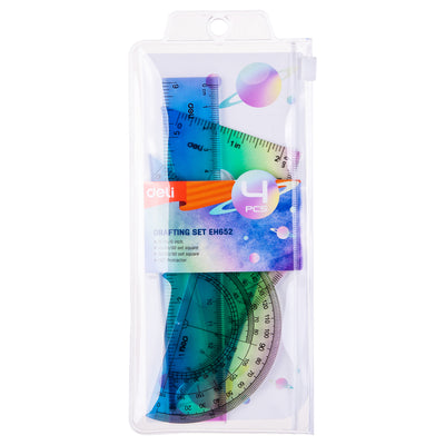 SET GEOMETRIE 4 PIESE MULTICOLOR (RIG.15CM, ECH*2, RAP) DELI