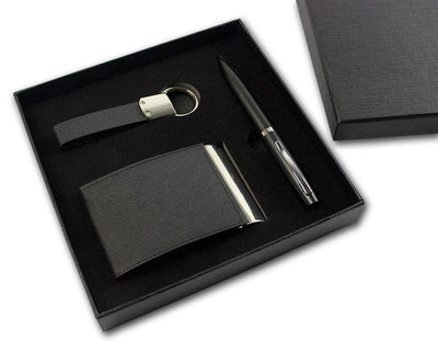 Set pix metalic negru, breloc, port carti vizita imitatie piele, cutie carton EVOffice