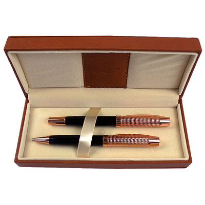 Set pix si roller metalic corp negru, accesorii rose gold, cutie din piele ecologica maro Willgo