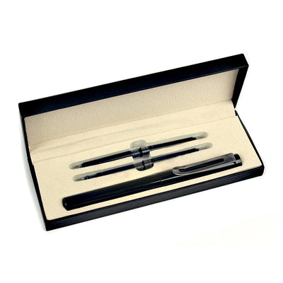 Set stilou metalic cu mecanism si 4 *patron cerneala, negru, accesorii cromate, in cutie imitatie piele EVOffice