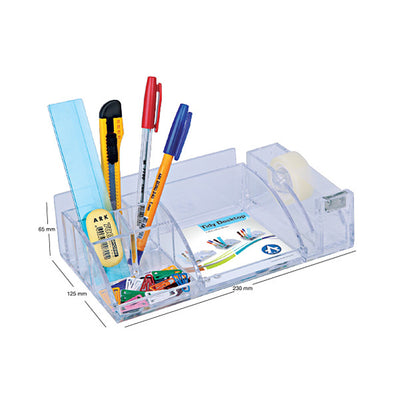 Suport plastic birou transparent 8 compartimente, cub hartie si dispenser cu banda adeziva Ark