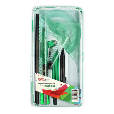 Trusa geometrie 11 piese, cutie plastic verde EVOffice